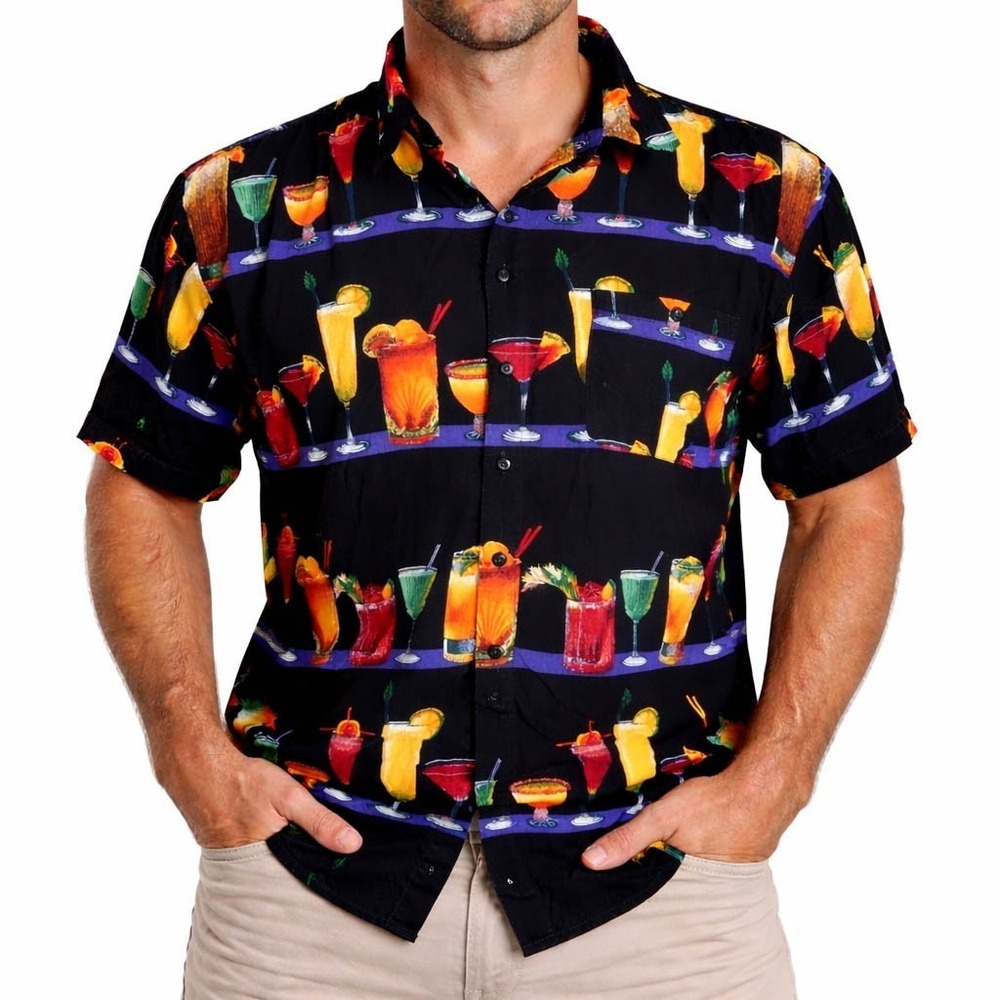 Monticerutti Hawaiian Aloha Shirt Large Colorful Cocktails Black Yellow Purple‎